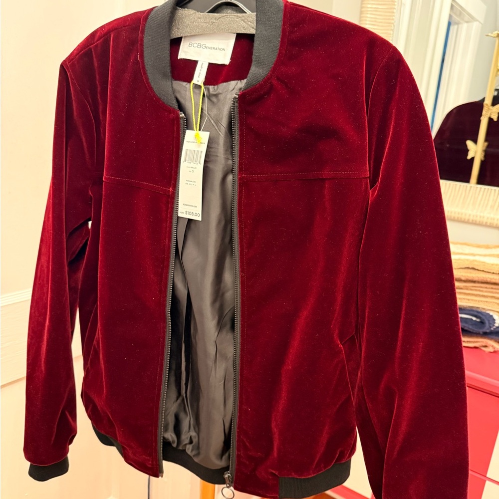 BCBGeneration Burgundy Velvet Bomber Jacket with Black Trim